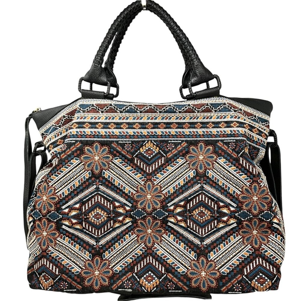 Johnny Was Workshop Molly Jo Tote Weekender Bag Black Floral Embroidery Leather - Picture 6 of 15